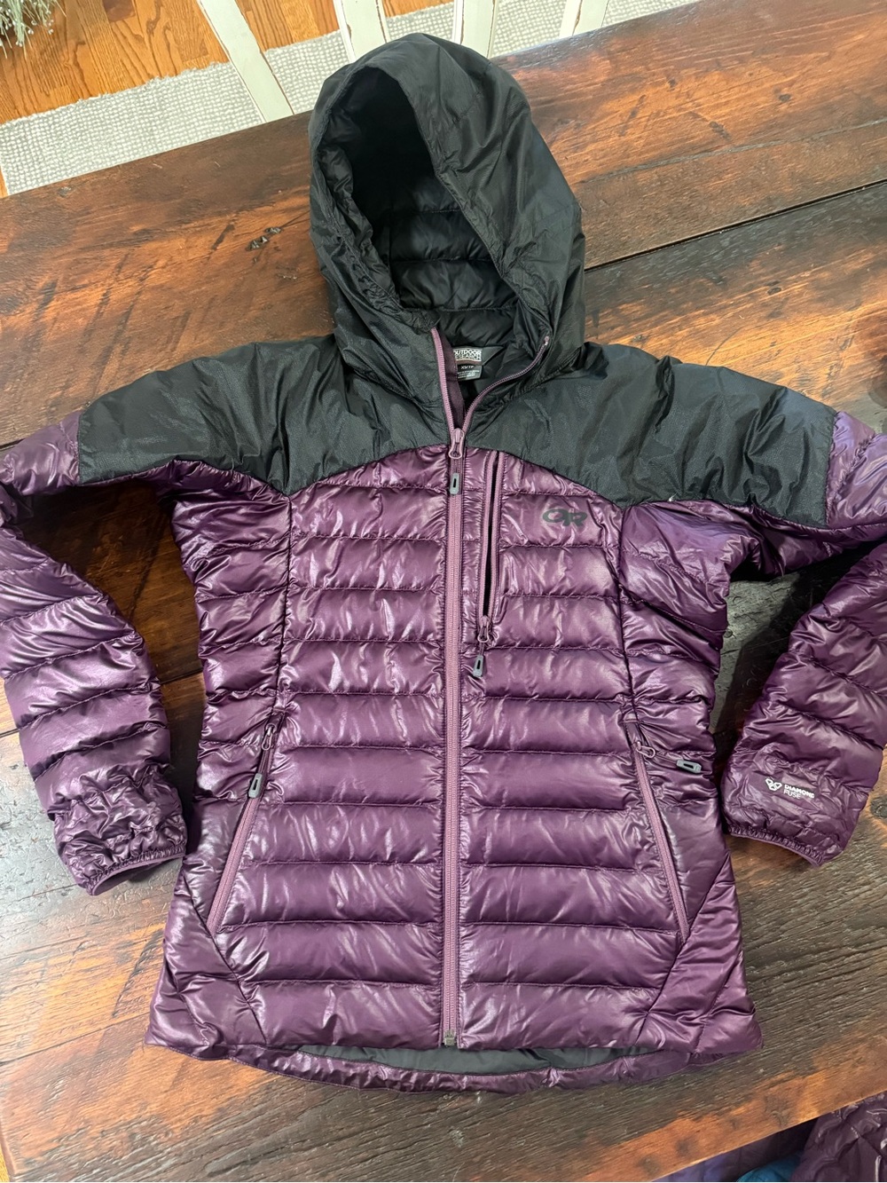 Outdoor Research Women’s Purple and Black Hooded Puffer Jacket